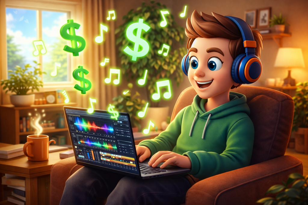 Digital creator using a laptop and AI software to generate audio and make money with AI music from home.