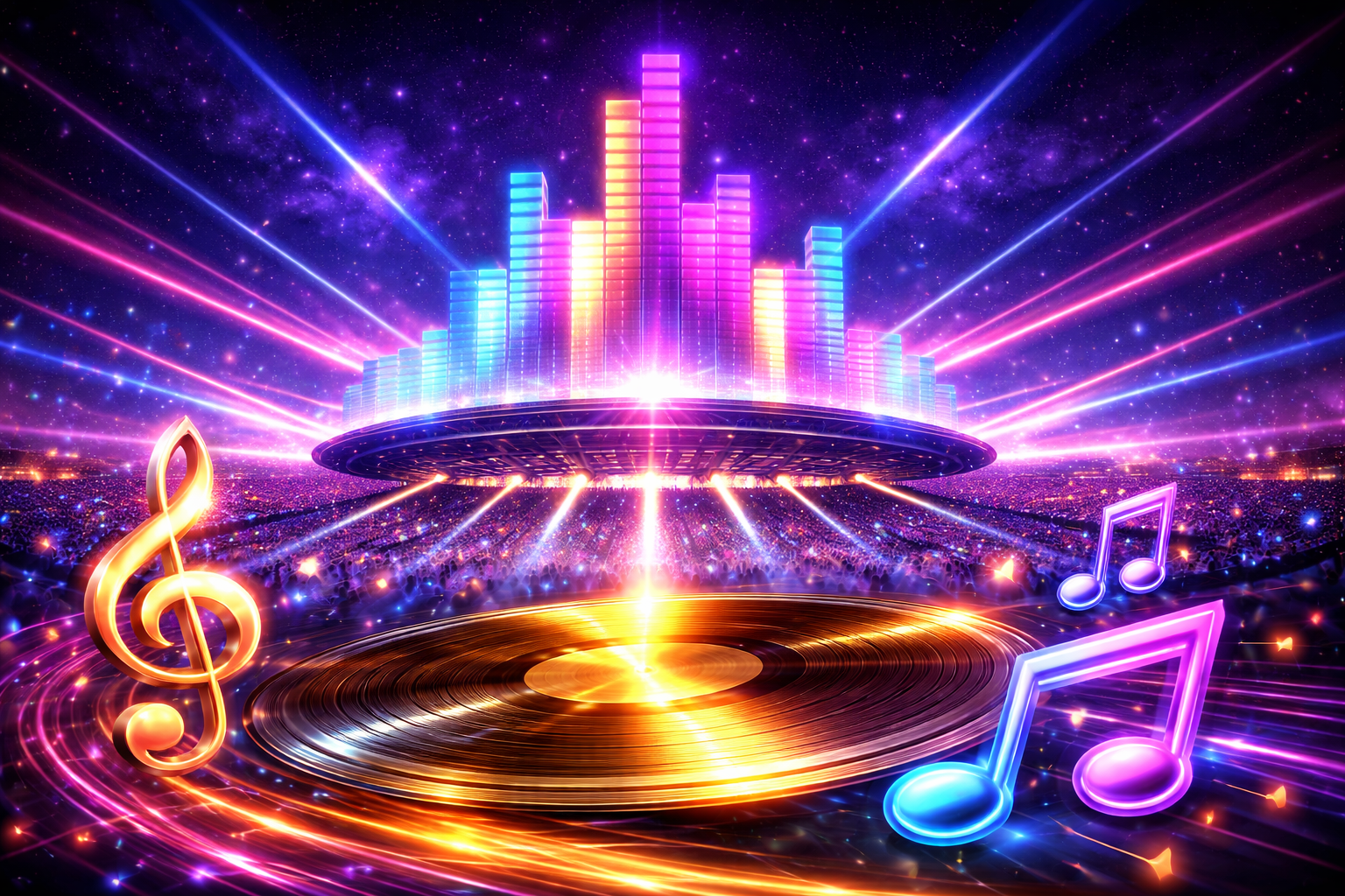 A futuristic visualization of the future of global music trends 2026 and artist news.