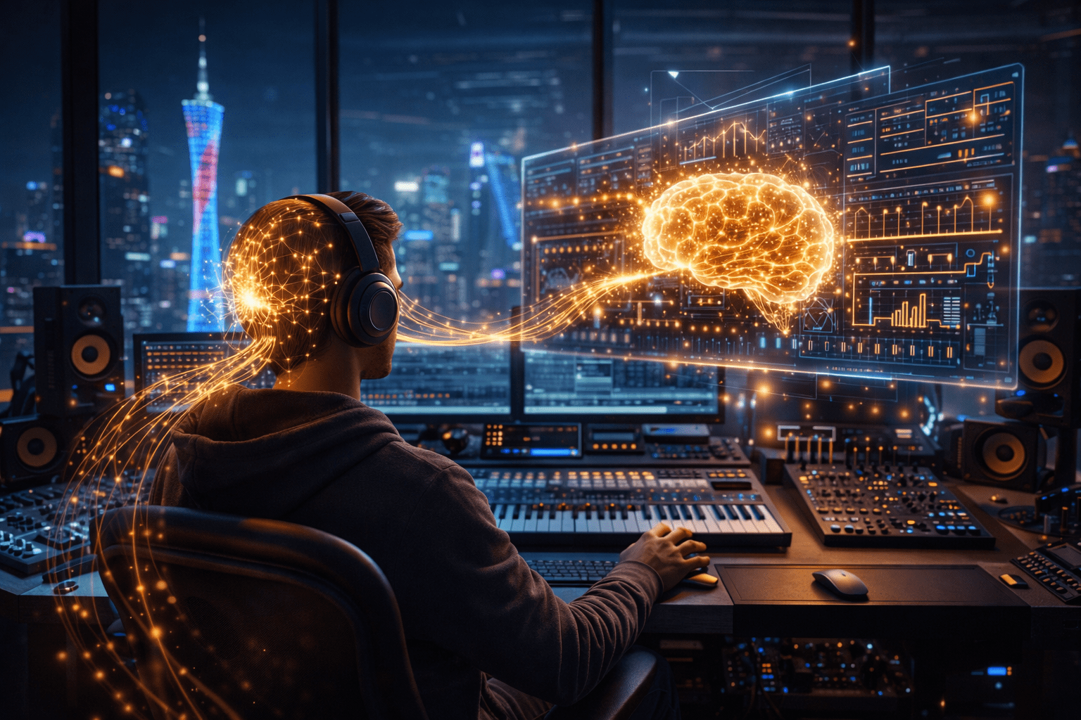 Neural AI Music Composition 2026 futuristic studio setup