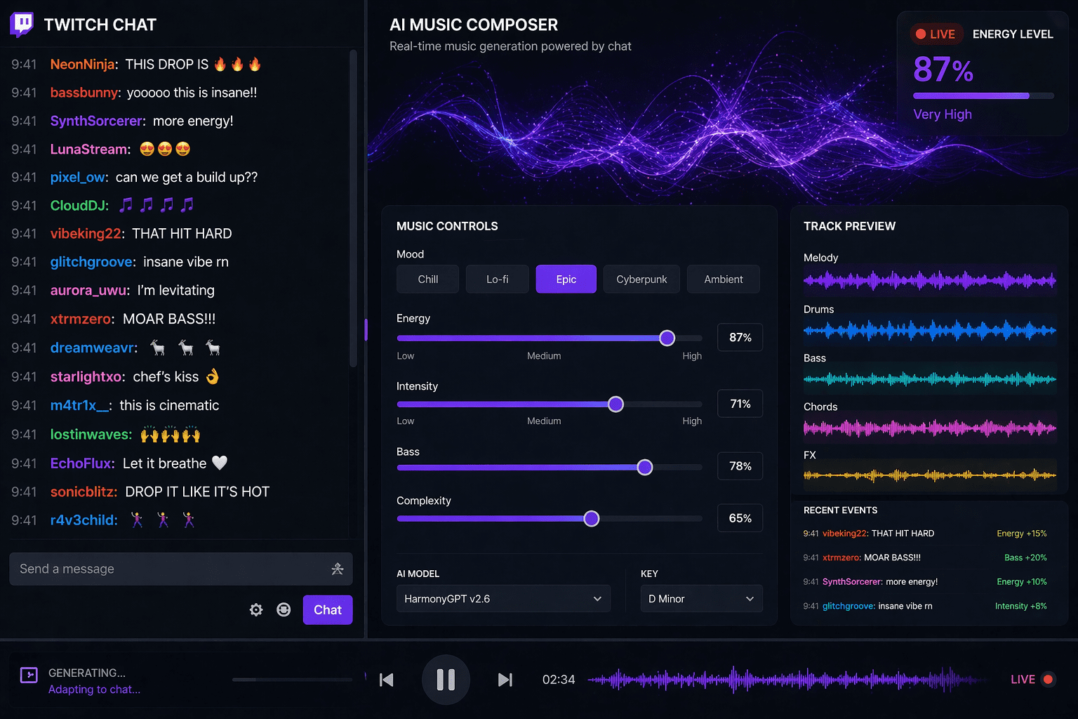 Interactive AI music for live streams responding to viewer engagement.