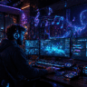A professional streamer using AI music for live streams in a futuristic setup.