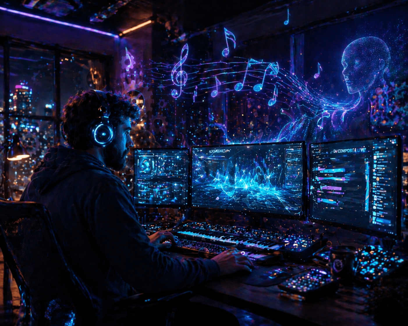 A professional streamer using AI music for live streams in a futuristic setup.
