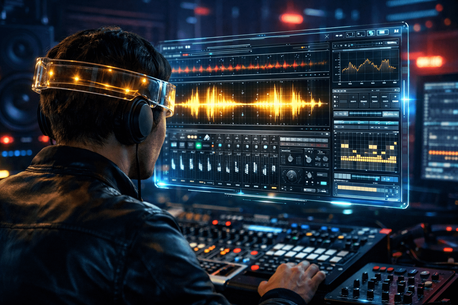 A music producer using Neural Music Production tools in a futuristic studio.