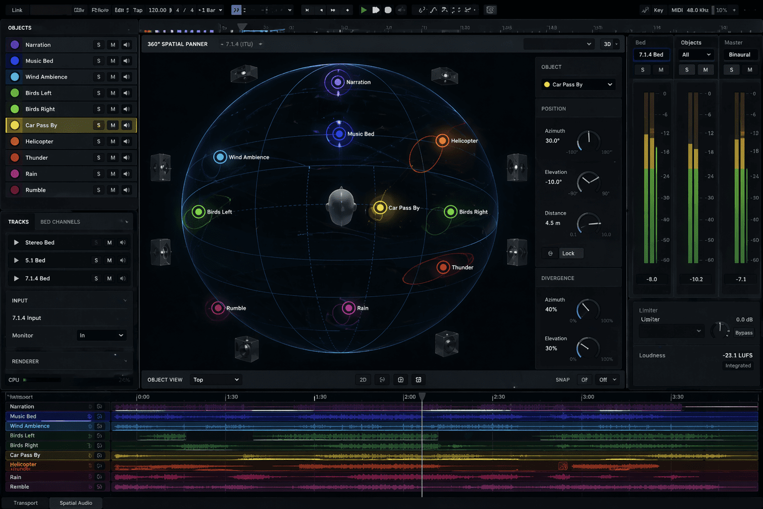 Advanced 3D panner interface used for mixing for spatial audio.