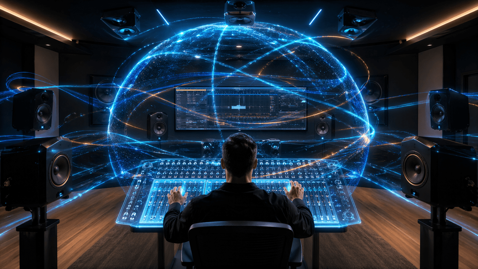 A professional producer performing mixing for spatial audio in a 2026 studio.