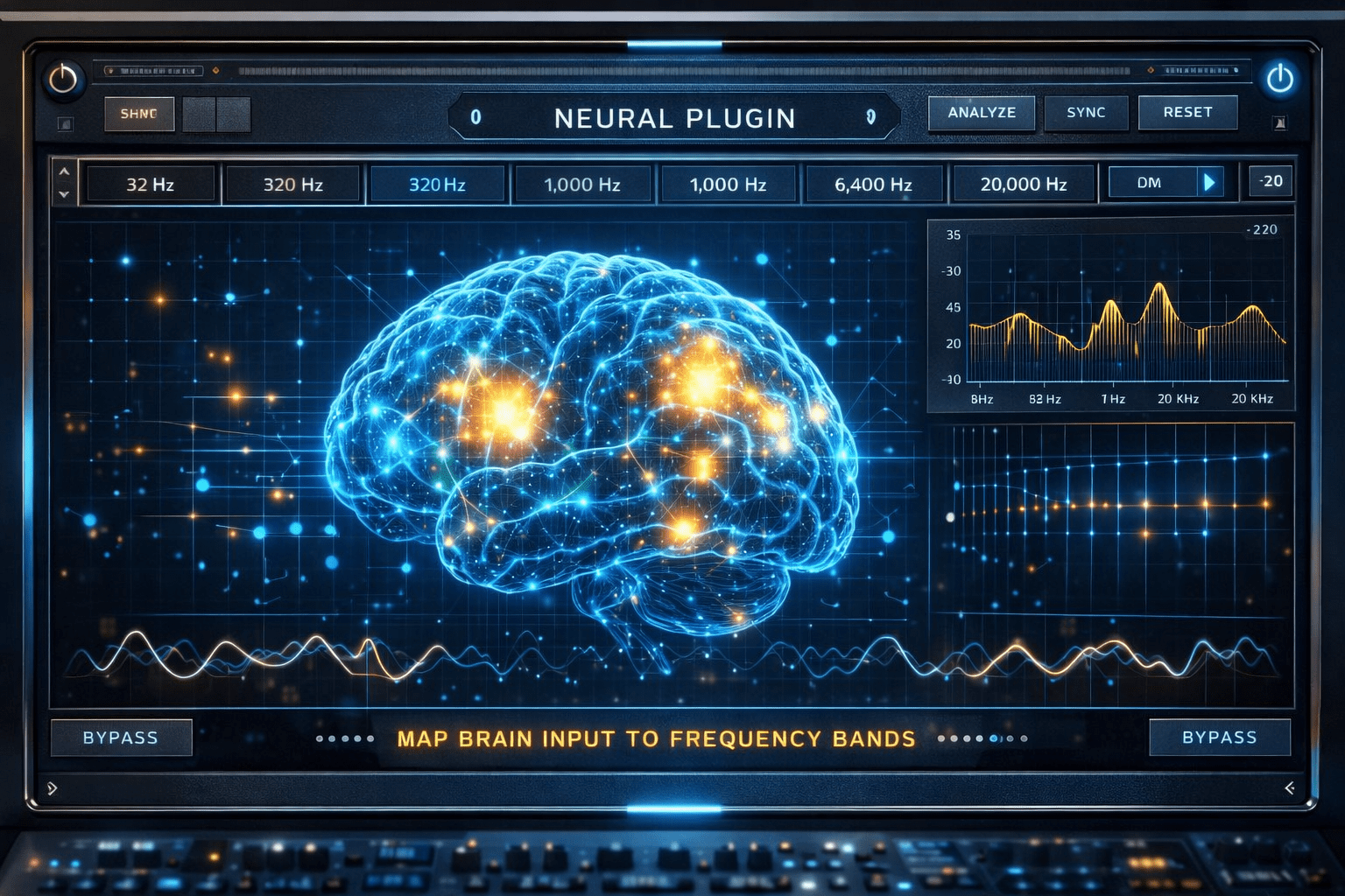 The interface of a Neural Mixing plugin showing real-time brainwave mapping.