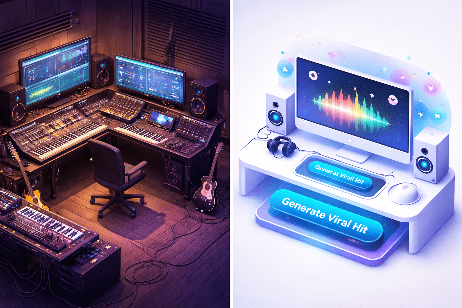 Comparing traditional music production vs fast AI music generation workflow.