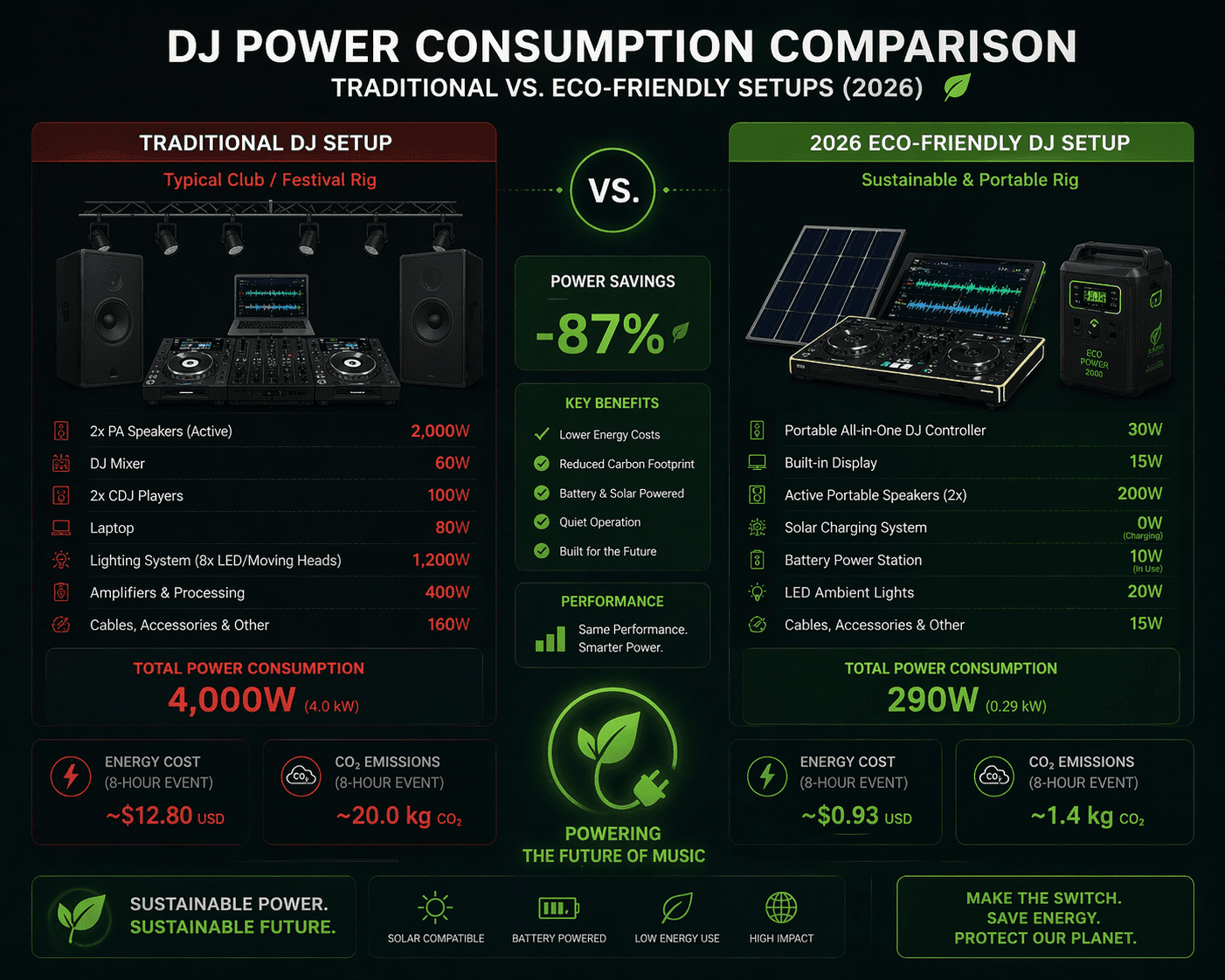 Power consumption chart for energy-efficient DJ gear.