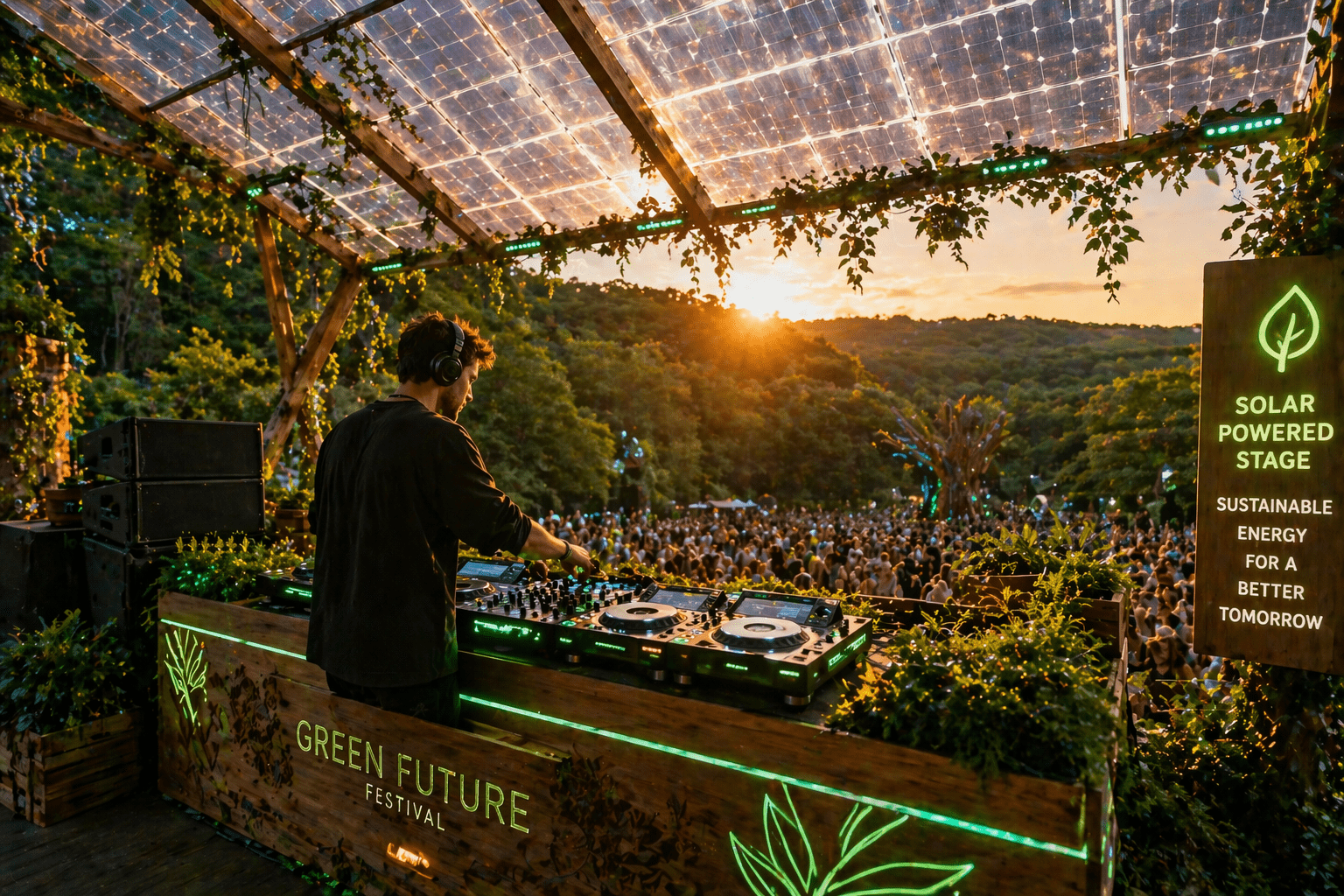 Professional DJ using energy-efficient DJ gear at a solar-powered outdoor festival.