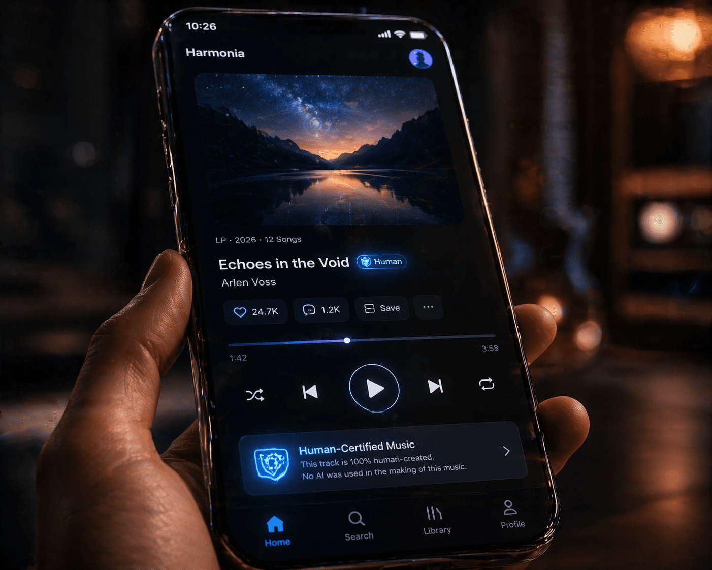Streaming app showing the verification badge for human-made music.