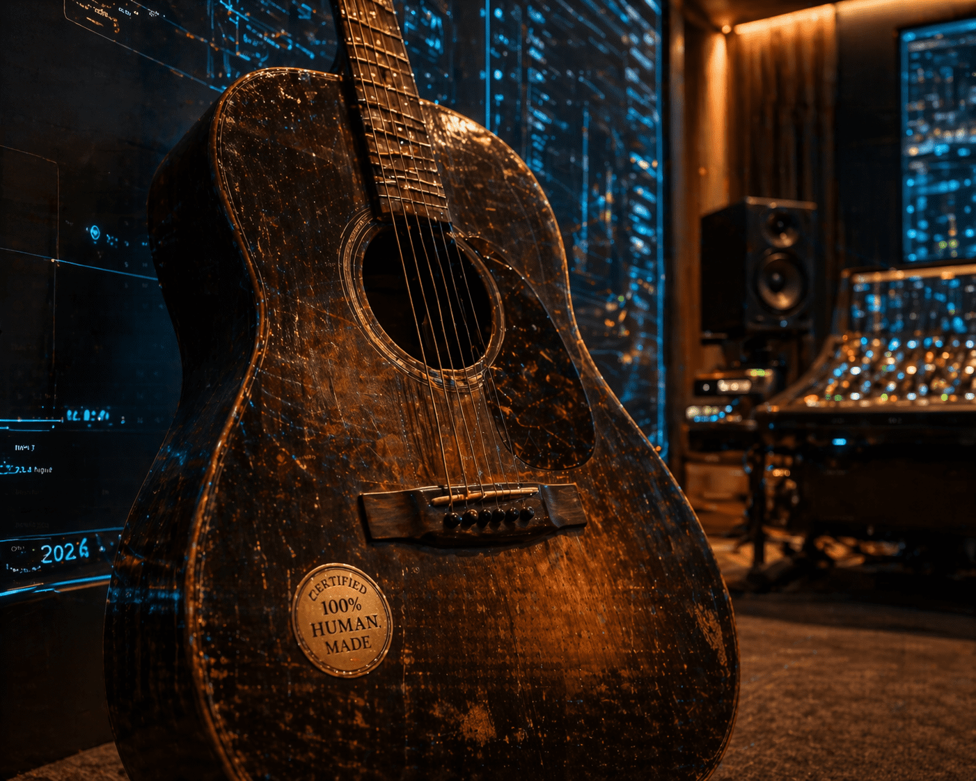 A guitar with a certified human-made music label in a futuristic studio.